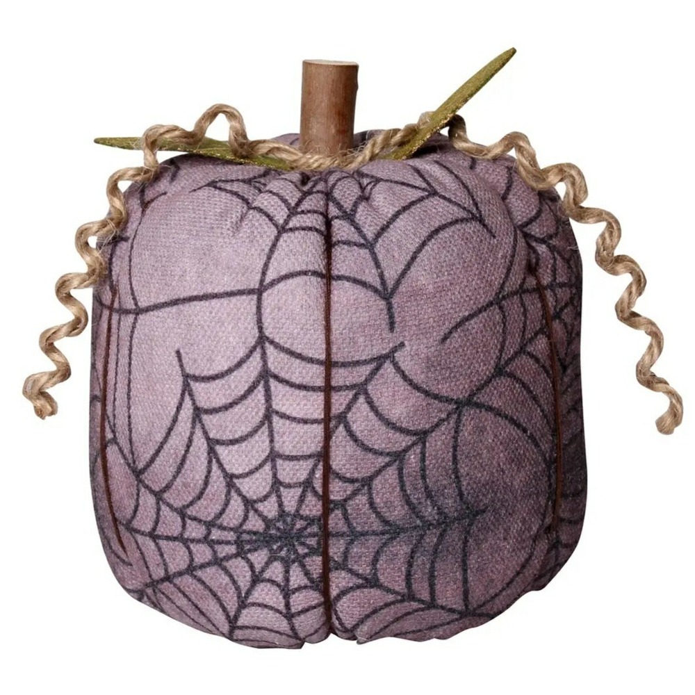 Primitive Halloween PUMPKIN - Purple SPIDER WEB Fabric - Real Wood Stem 4x6"